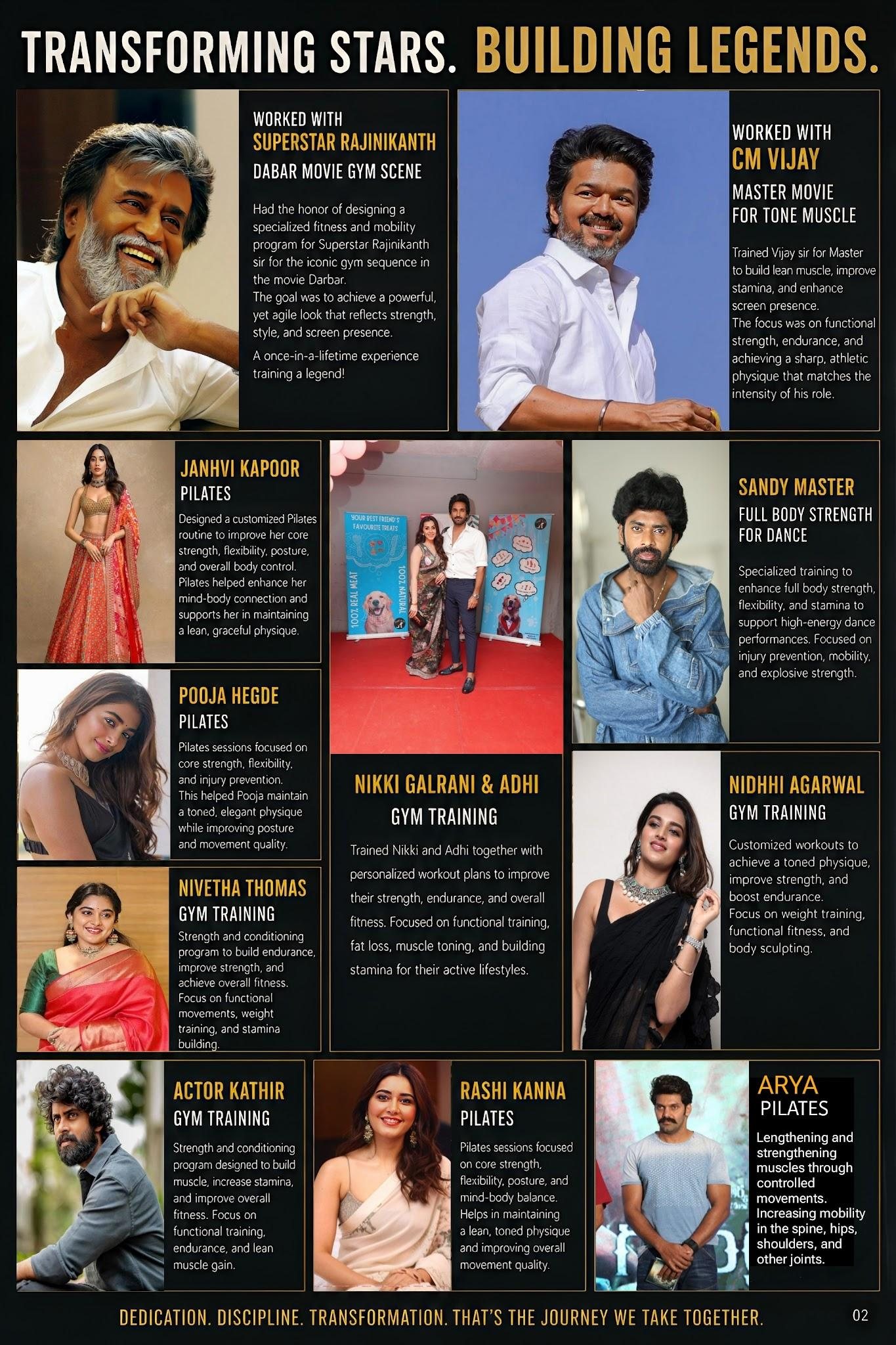 Naresh Fitness celebrity training poster featuring Superstar Rajinikanth, CM Vijay, Janhvi Kapoor, Pooja Hegde, Nivetha Thomas, Actor Kathir, Rashi Kanna, Arya, Sandy Master, Nikki Galrani and Adhi, and Nidhhi Agarwal