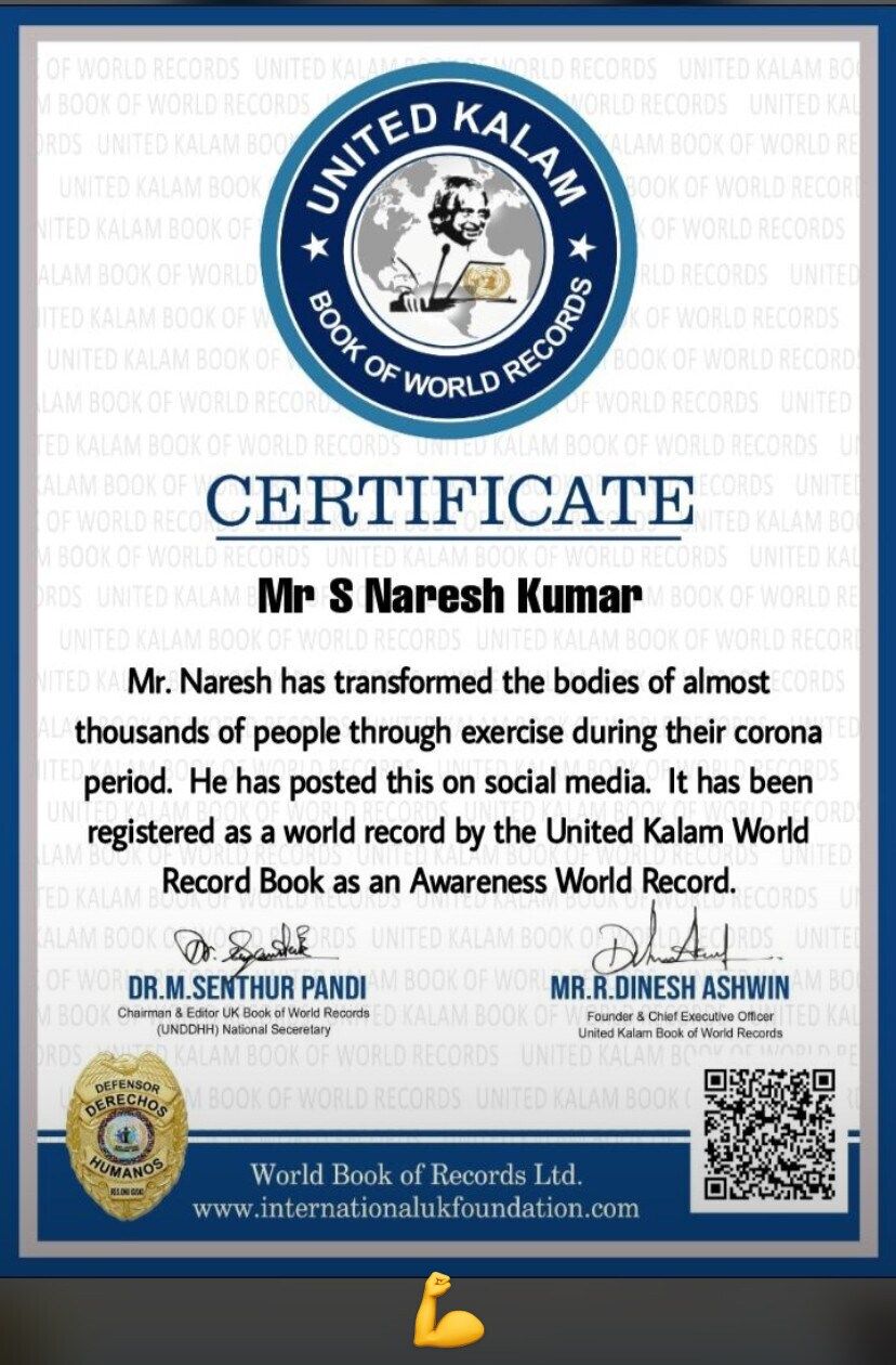 United Kalam Book of World Records certificate awarded to Naresh Kumar