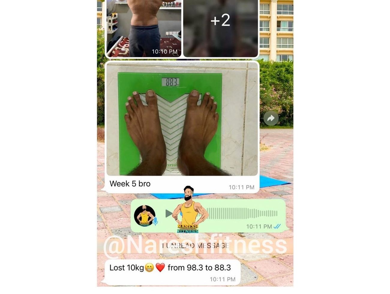 Client weekly check-in showing 10kg weight loss