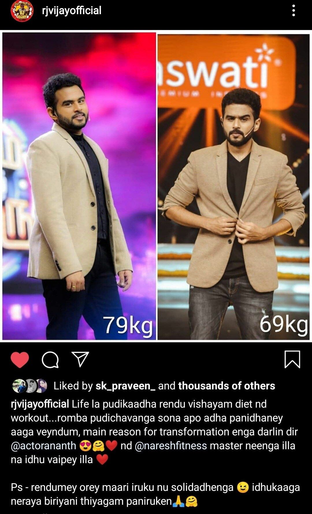 RJ Vijay Instagram post crediting Naresh Fitness for his transformation